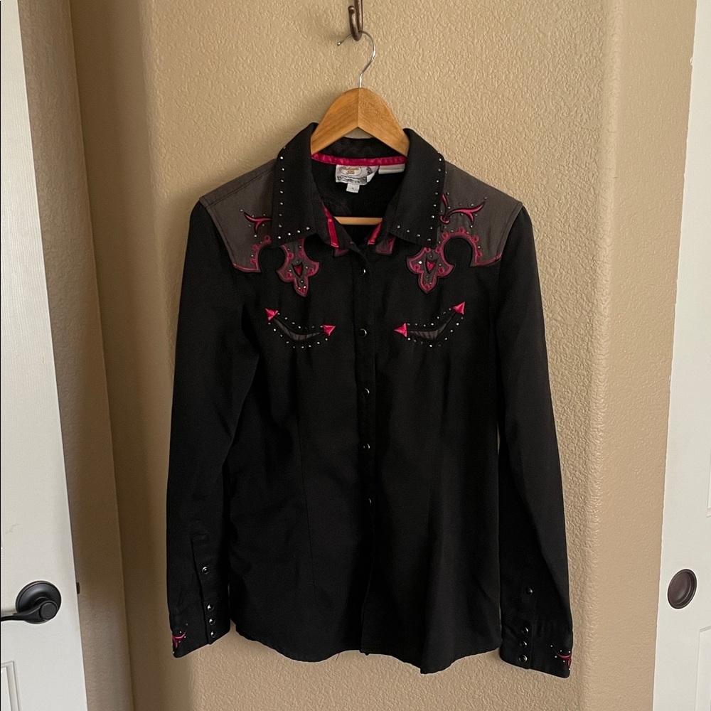 Panhandle Slim Black & Gray Women’s Western Shirt with Hot Pink Embroidery SZ L